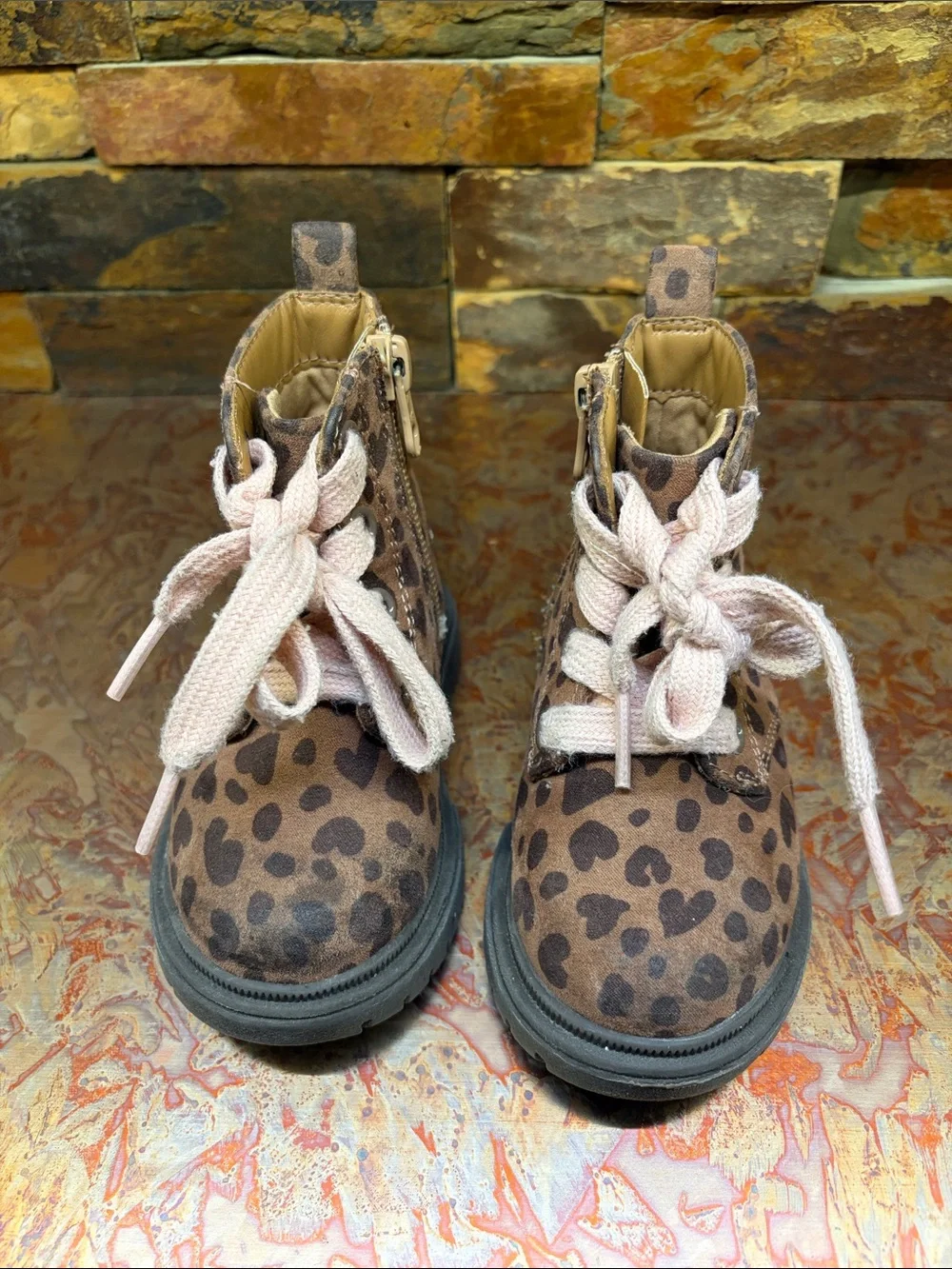 Leopard Print Kids Lace-Up Boots in Brown, Twin Girl